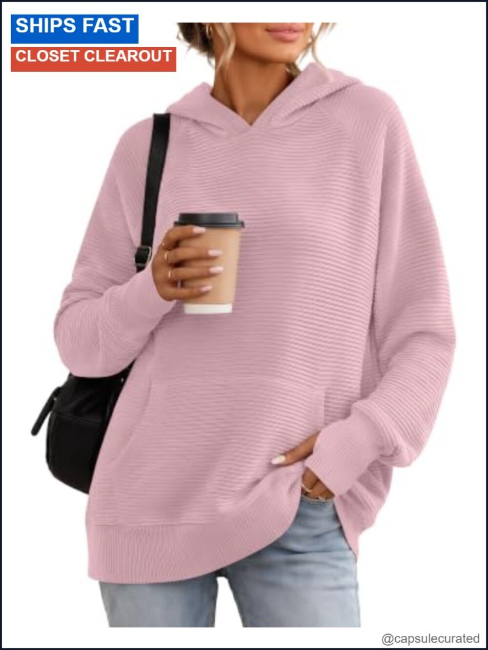 Women's Ribbed Knit Hooded Sweatshirt Pullover Sweater